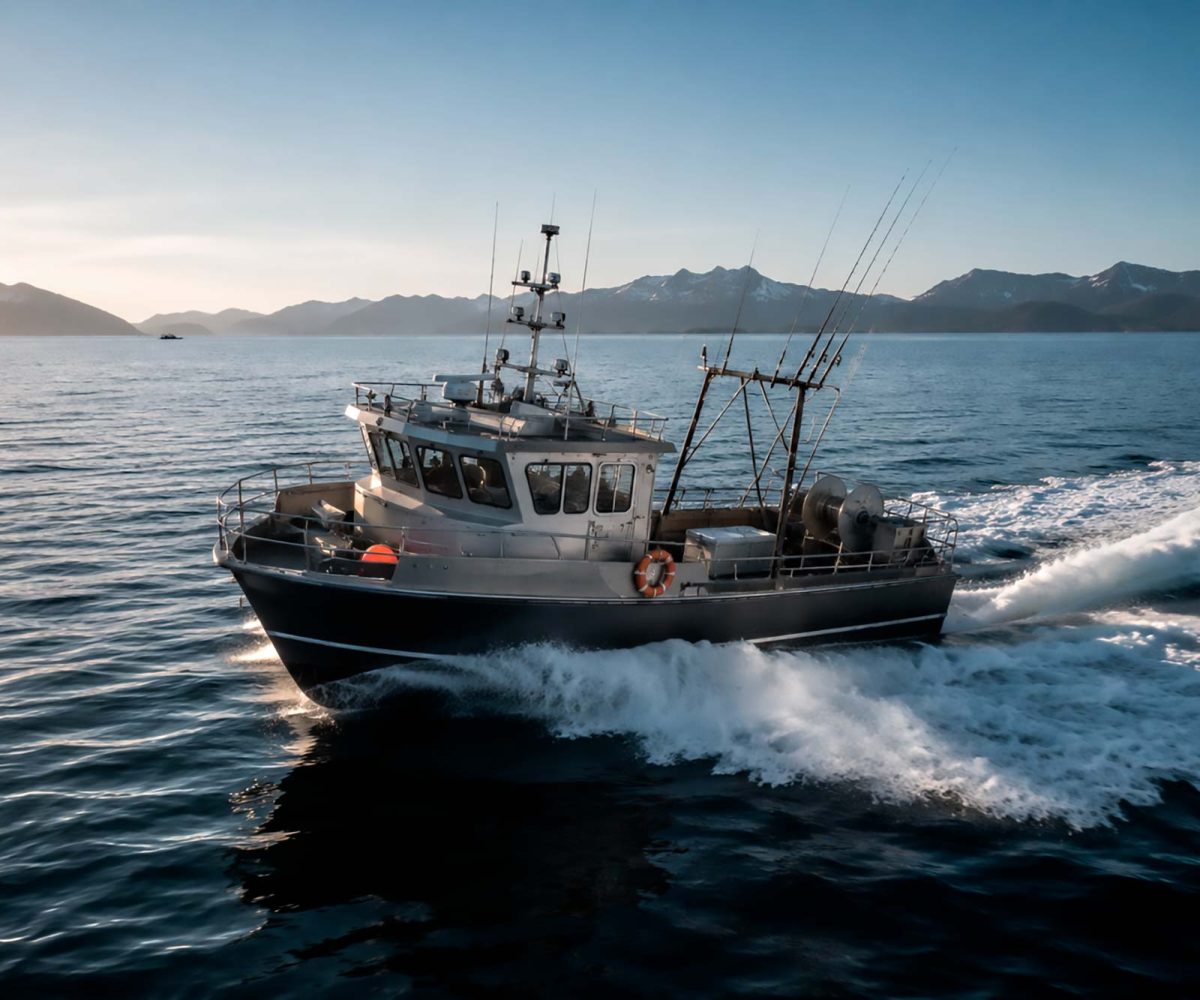 Commercial fishing vessel operating in Pacific Northwest waters powered by a marine diesel engine.